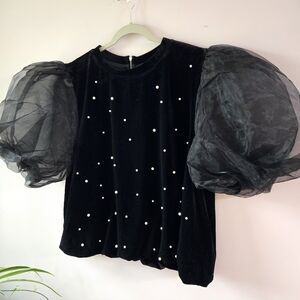 NWT Oddi Los Angeles Pearl Embellished Velvet Top with Dramatic Organza Puff Sle
